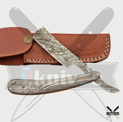 Damascus Blade Razor Knife With Silver Wood Handle