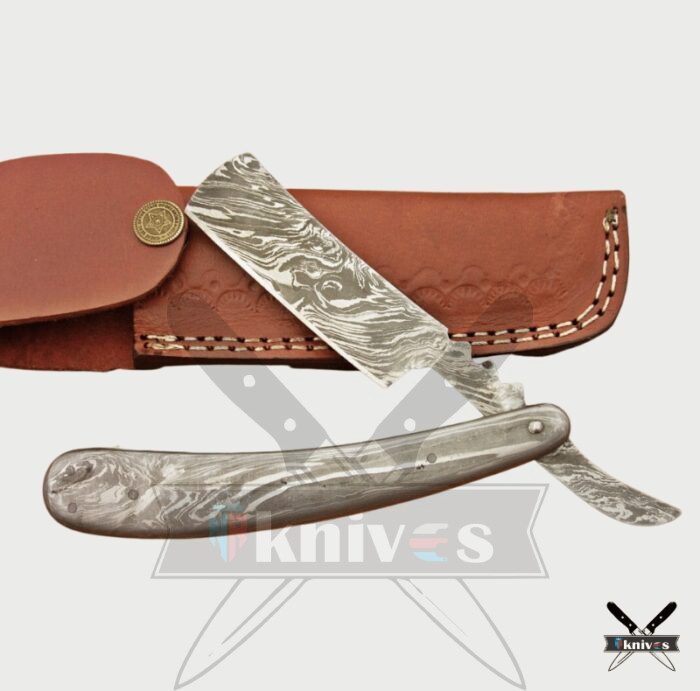 Damascus Blade Razor Knife With Silver Wood Handle
