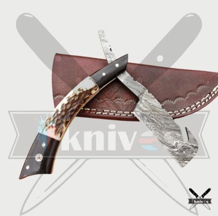 Damascus Blade Razor Knives With Deer Antler Handle