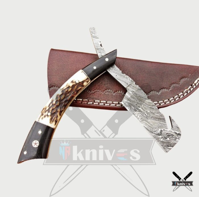 Damascus Blade Razor Knives With Deer Antler Handle