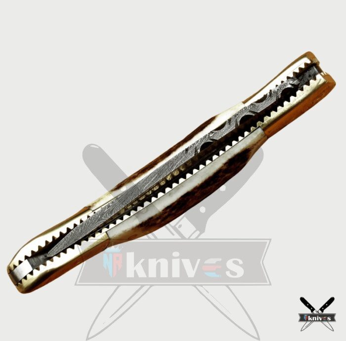 Damascus Steel Blade Folding Knife With Antler Handle