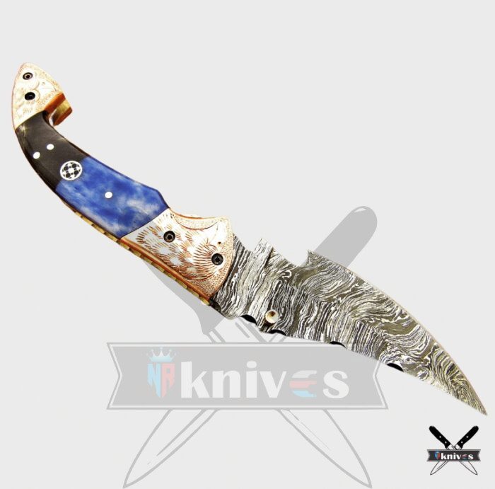 Damascus Steel Blade Folding Knife With Blue & Black Bone Handle