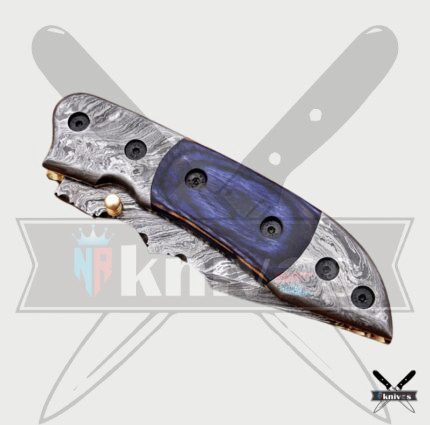 Damascus Steel Blade Folding Knife With Blue Micarta Handle