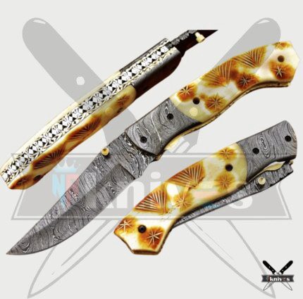 Damascus Steel Blade Folding Knife With Bone Handle
