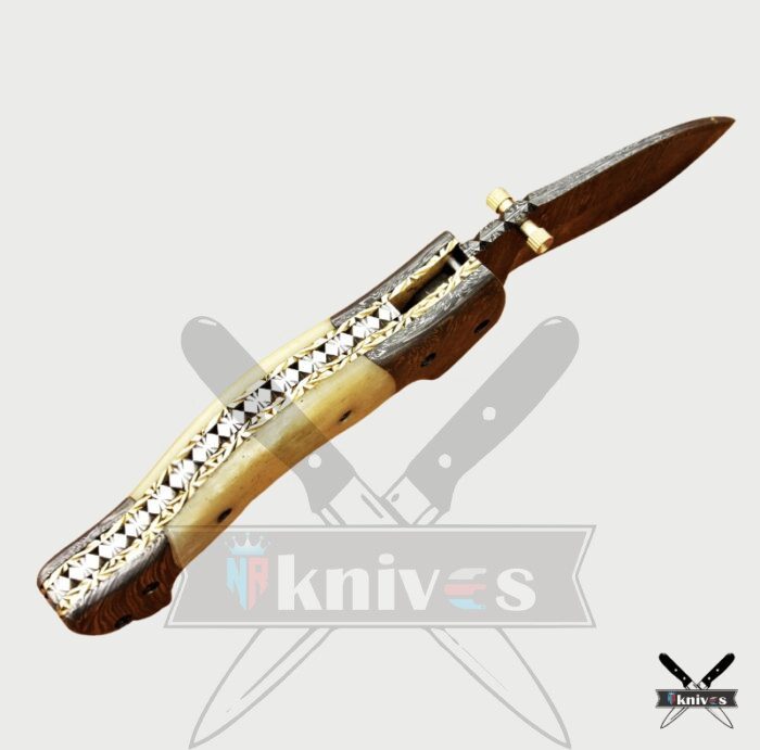 Damascus Steel Blade Folding Knife With Camel Bone Handle
