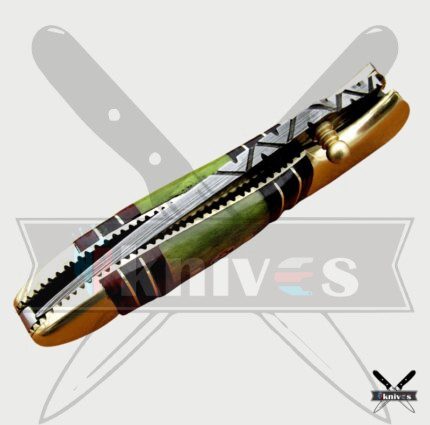 Damascus Steel Blade Folding Knife With Green Bone Handle