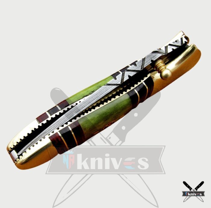 Damascus Steel Blade Folding Knife With Green Bone Handle