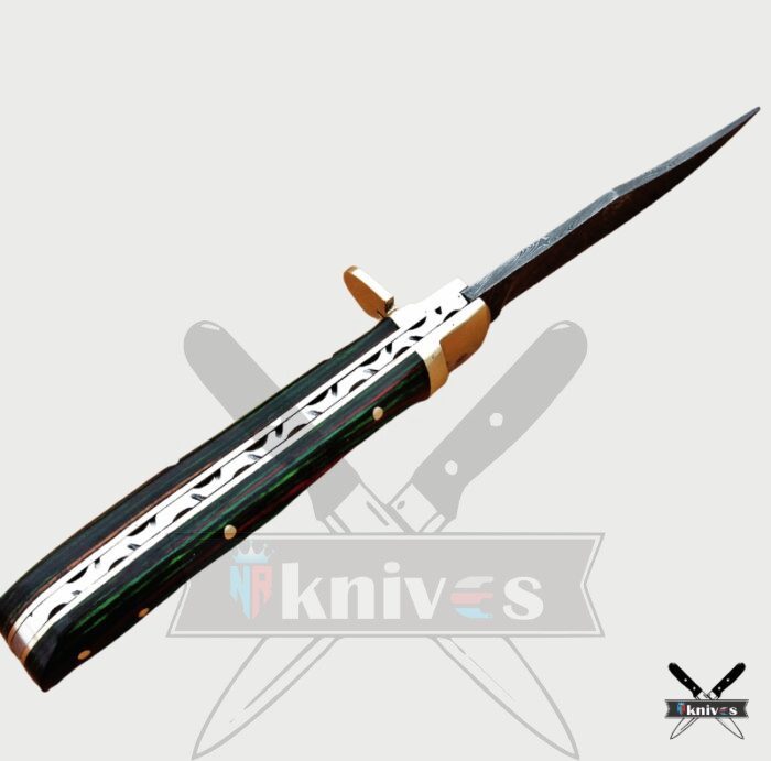 Damascus Steel Blade Folding Knife With Green & Mehroon Wood Handle