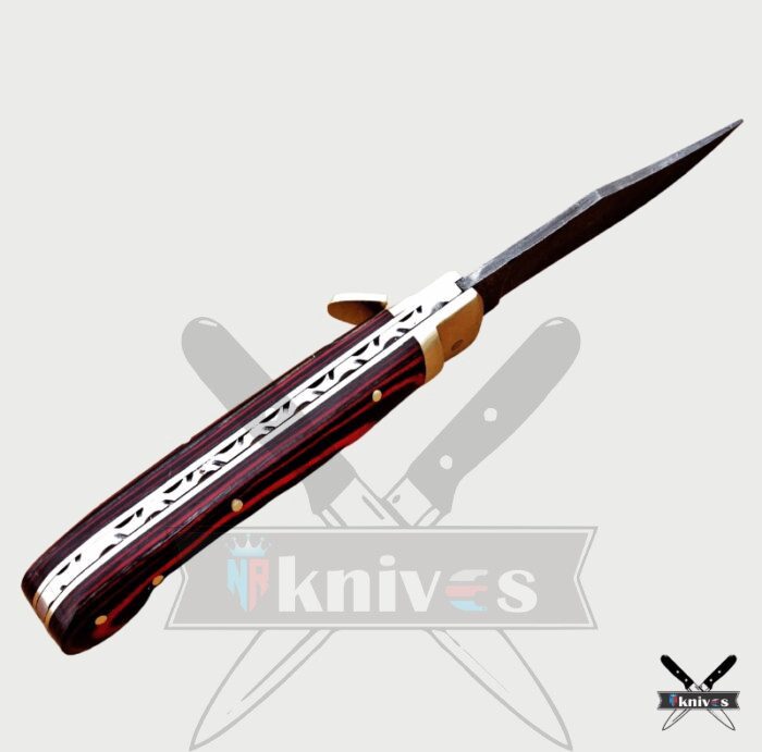 Damascus Steel Blade Folding Knife With Red & Black Wood Handle