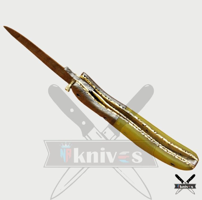 Damascus Steel Blade Folding Knife With Yellow Bone Handle