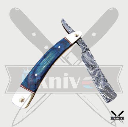 Damascus Steel Blade Razor Knife With Blue Sheet Handle