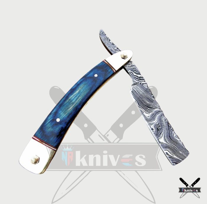 Damascus Steel Blade Razor Knife With Blue Sheet Handle