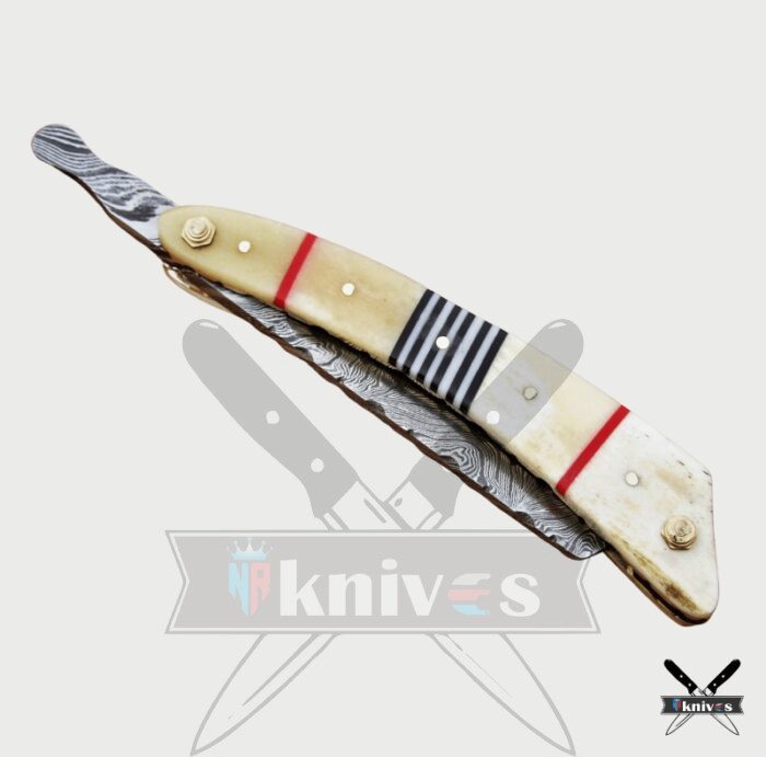 Damascus Steel Blade Razor Knife With Camel Bone Handle