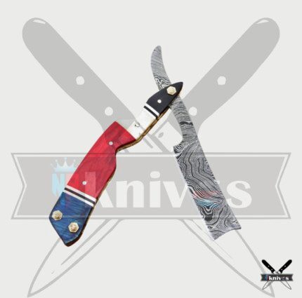Damascus Steel Blade Razor Knife With Red Bone Handle