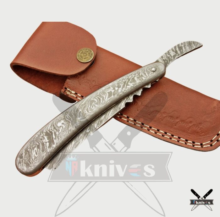 Damascus Steel Blade Razor Knife With Silver Wood Handle