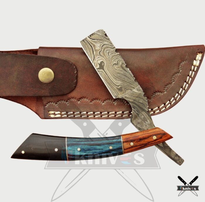 Damascus Steel Blade Razor Knife With Wood And Buffalo Horn Handle