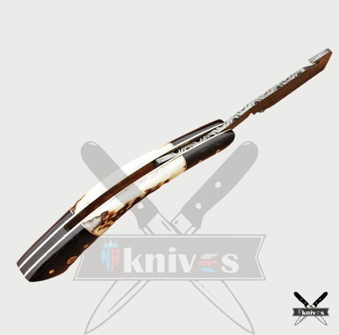 Damascus Steel Blade Razor Knives With Deer Antler Handle