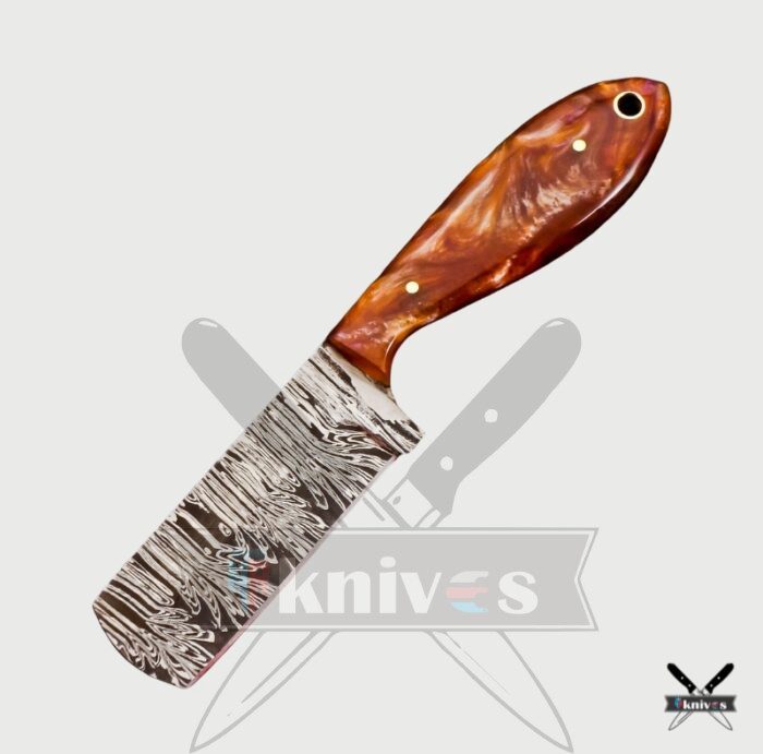 Damascus Blade Cowboy Knives With Orange Red Resin Handle NR-02