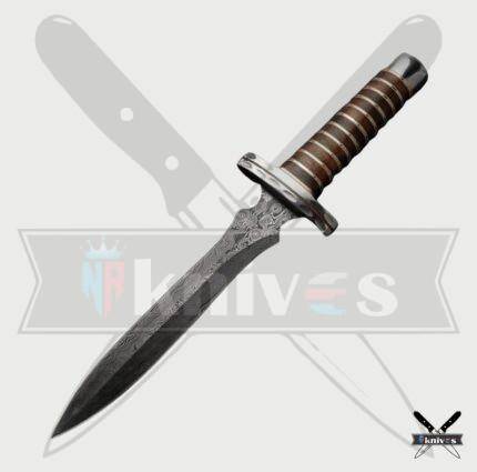 Damascus Blade Dagger Knife With Gold Line Wood Handle NR-15