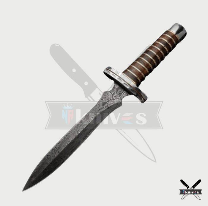 Damascus Blade Dagger Knife With Gold Line Wood Handle NR-15