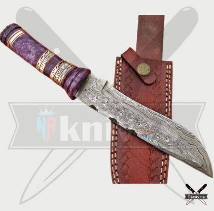 Custom Damascus Blade Bowie Knife With Purple Bone Handle