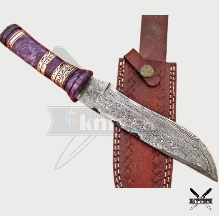 Custom Damascus Blade Bowie Knife With Purple Bone Handle