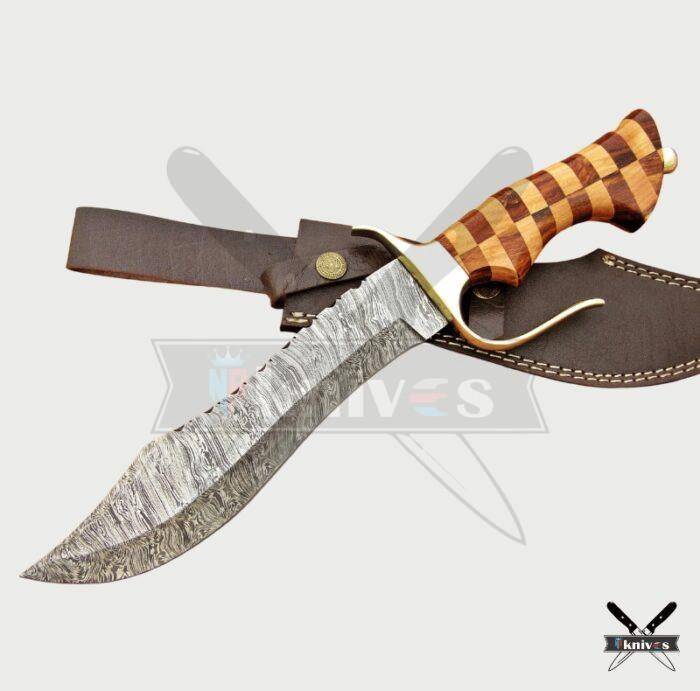 Custom Damascus Blade Bowie Knife With Wood Handle