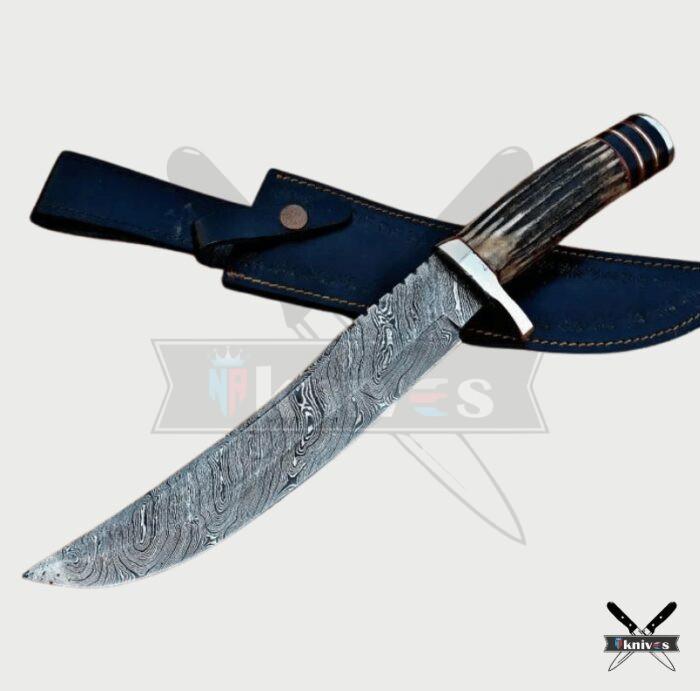 Custom Damascus Blade Bowie Knives With Stag Horn Handle NR-01