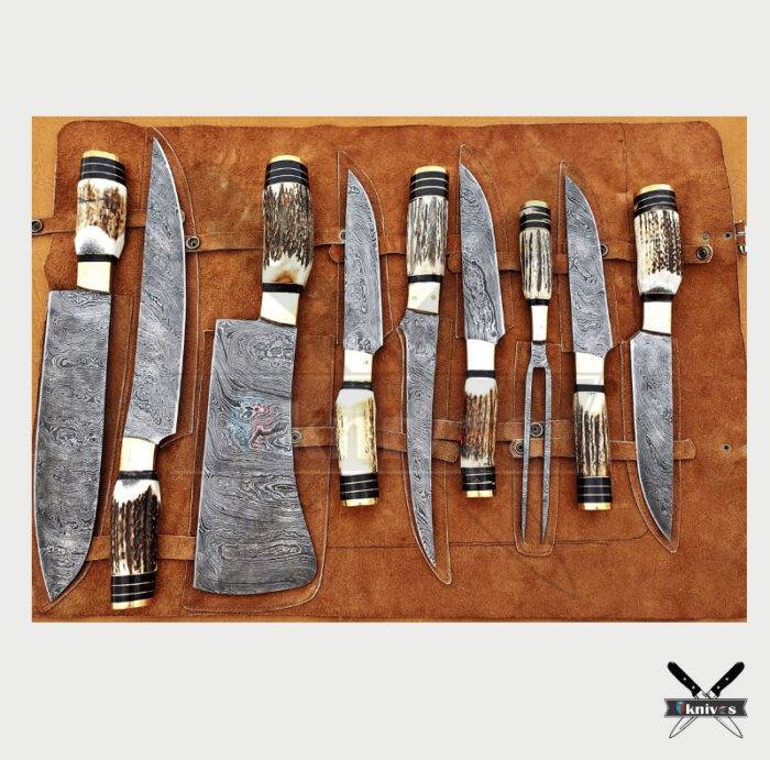 Custom Damascus Blade Chef Knife Set With Antler Handle