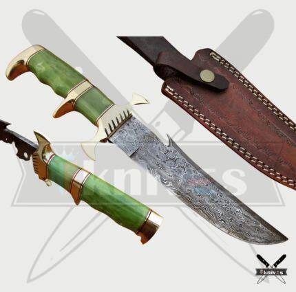 Damascus Blade Bowie Knife With Drab Green Bone Handle
