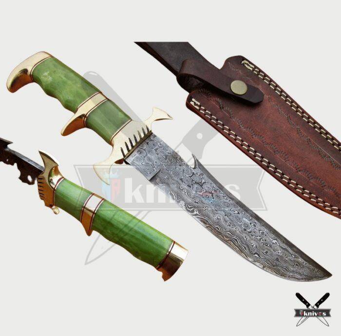 Damascus Blade Bowie Knife With Drab Green Bone Handle