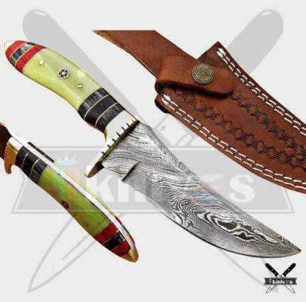 Damascus Blade Bowie Knife With Olive Green Colour Bone Handle