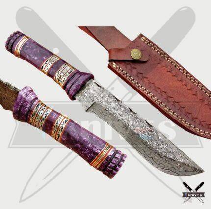 Damascus Blade Bowie Knife With Purple Bone Handle