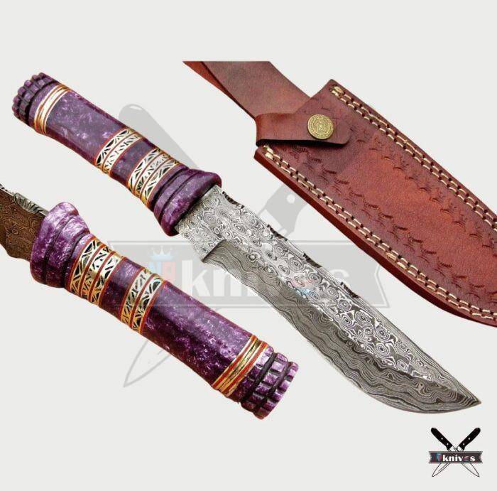 Damascus Blade Bowie Knife With Purple Bone Handle