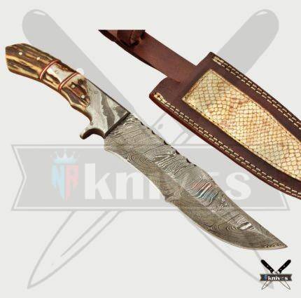 Damascus Blade Bowie Knife With Ram Horn Handle