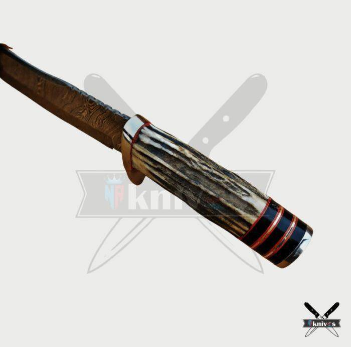 Damascus Blade Bowie Knife With Stag Horn Handle NR-01