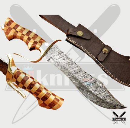 Damascus Blade Bowie Knife With Wood Handle