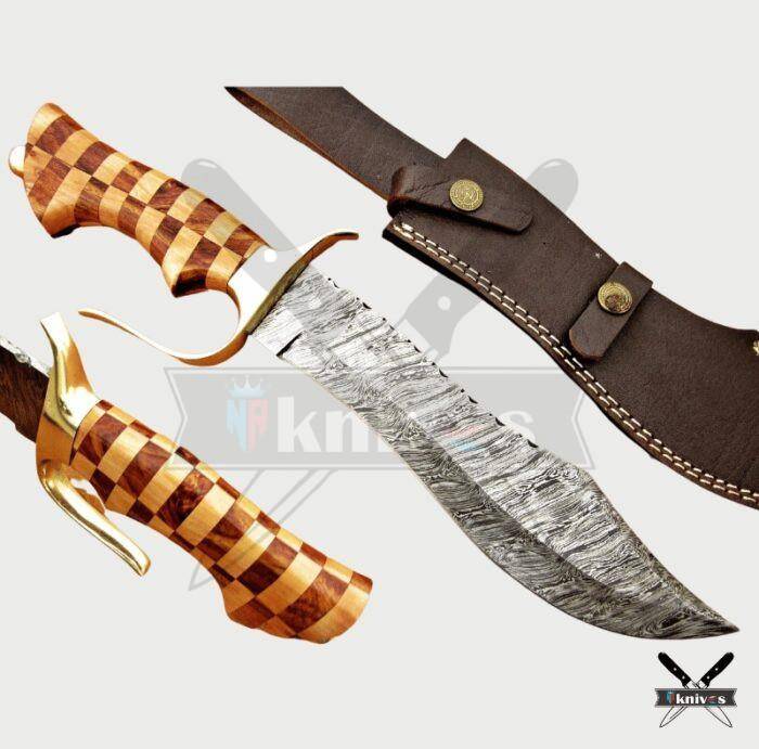 Damascus Blade Bowie Knife With Wood Handle
