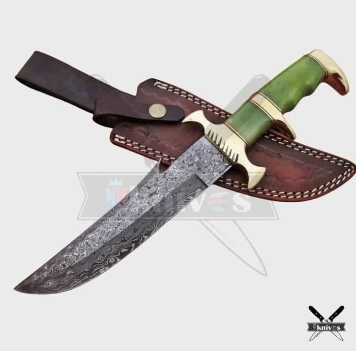 Damascus Blade Bowie Knives With Drab Green Bone Handle