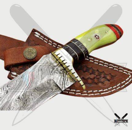 Damascus Blade Bowie Knives With Olive Green Colour Bone Handle