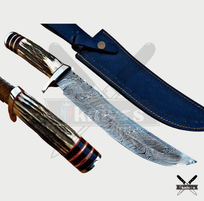 Damascus Blade Bowie Knives With Stag Horn Handle NR-01