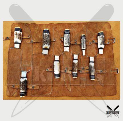 Damascus Blade Chef Knife Set With Antler Handle