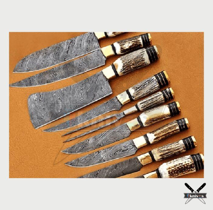 Damascus Blade Kitchen Knife Set With Antler Handle