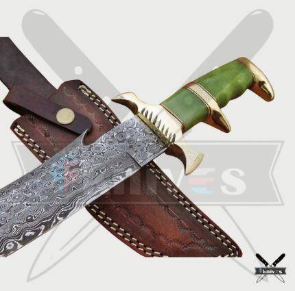 Handmade Damascus Blade Bowie Knife With Drab Green Bone Handle
