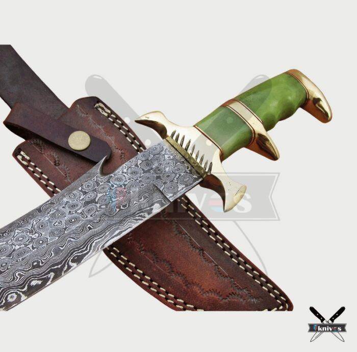 Handmade Damascus Blade Bowie Knife With Drab Green Bone Handle