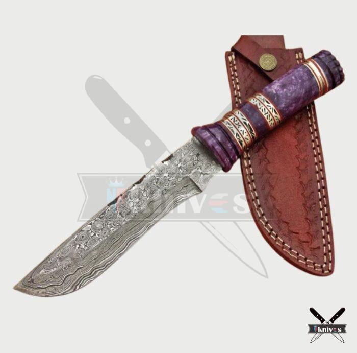 Handmade Damascus Blade Bowie Knife With Purple Bone Handle