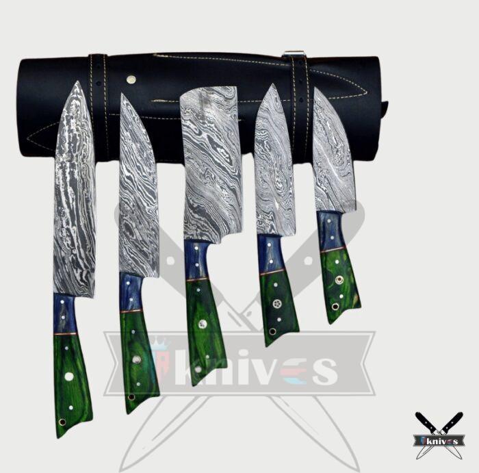 Chef Knives Set With Micarta Green & Blue Wood Handle NR-09