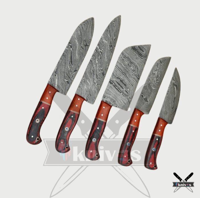 Custom Chef Knives Set With Red Laminated Wood Handle NR-10