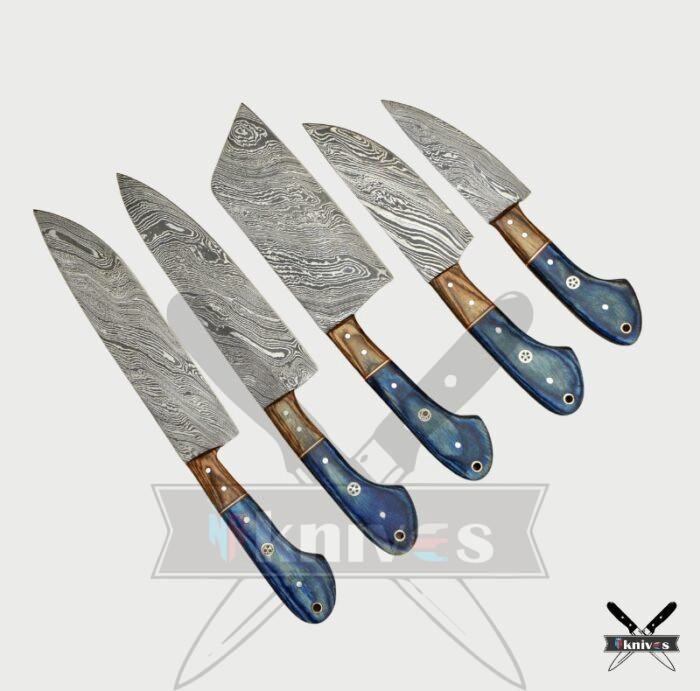 Custom Damascus Blade Chef Knife Set With Micarta Wood Handle NR-03