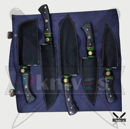 Custom Damascus Blade Chef Knife Set With Micarta Wood Handle NR-05